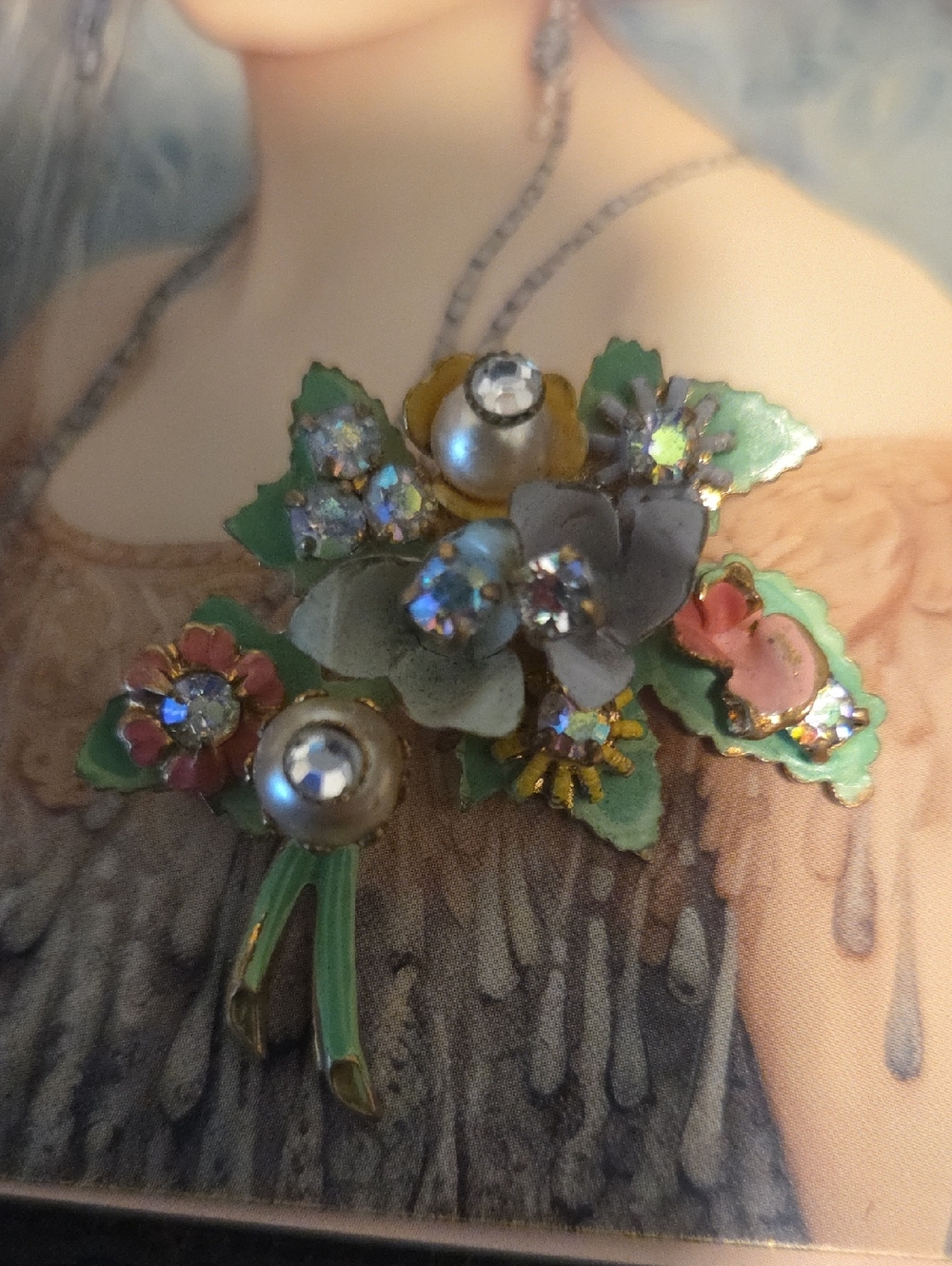 Vintage Signed TRIAD Floral Rhinestone and Enamel Brooch